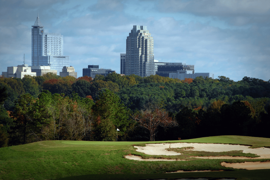 Golf course with a beautiful view of the Raleigh skyline