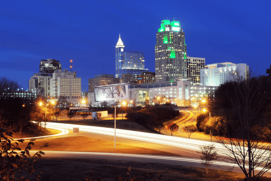 Downtown Raleigh Skyline at Night with bright lights