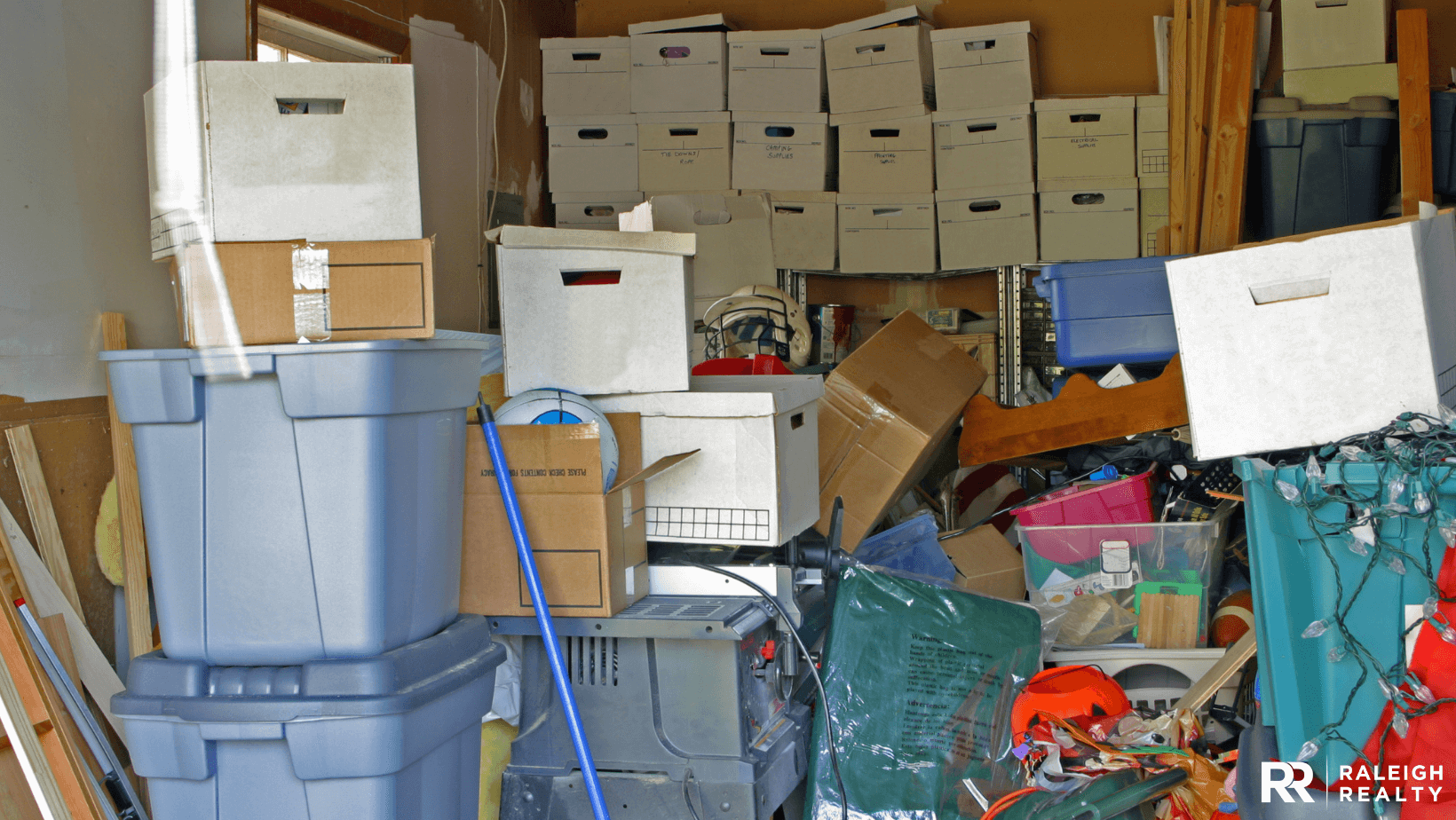 A messy garage filled with clutter and items that many would consider trash