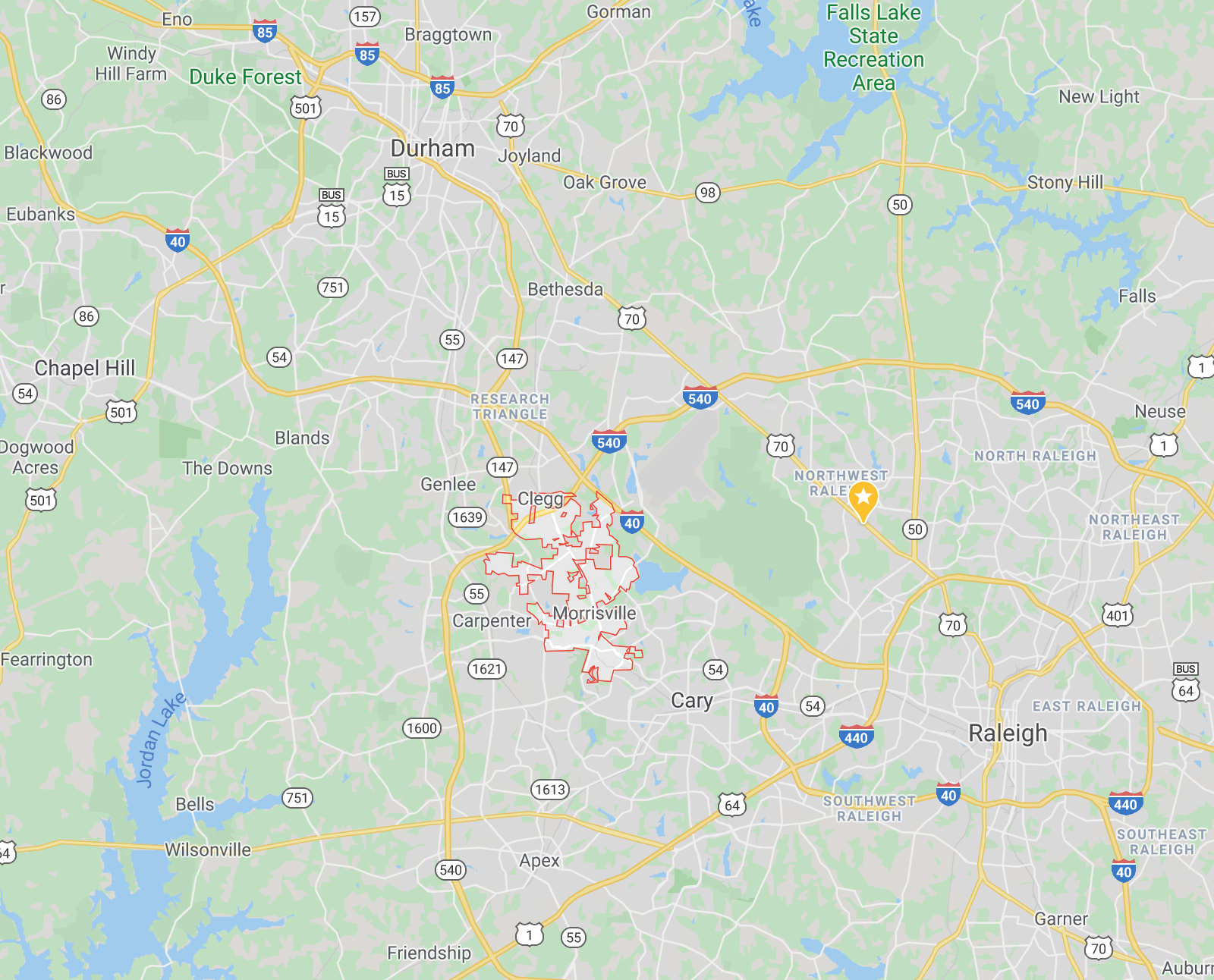 Location of Morrisville, NC. An image of the towns near Morrisville and proximity to Raleigh