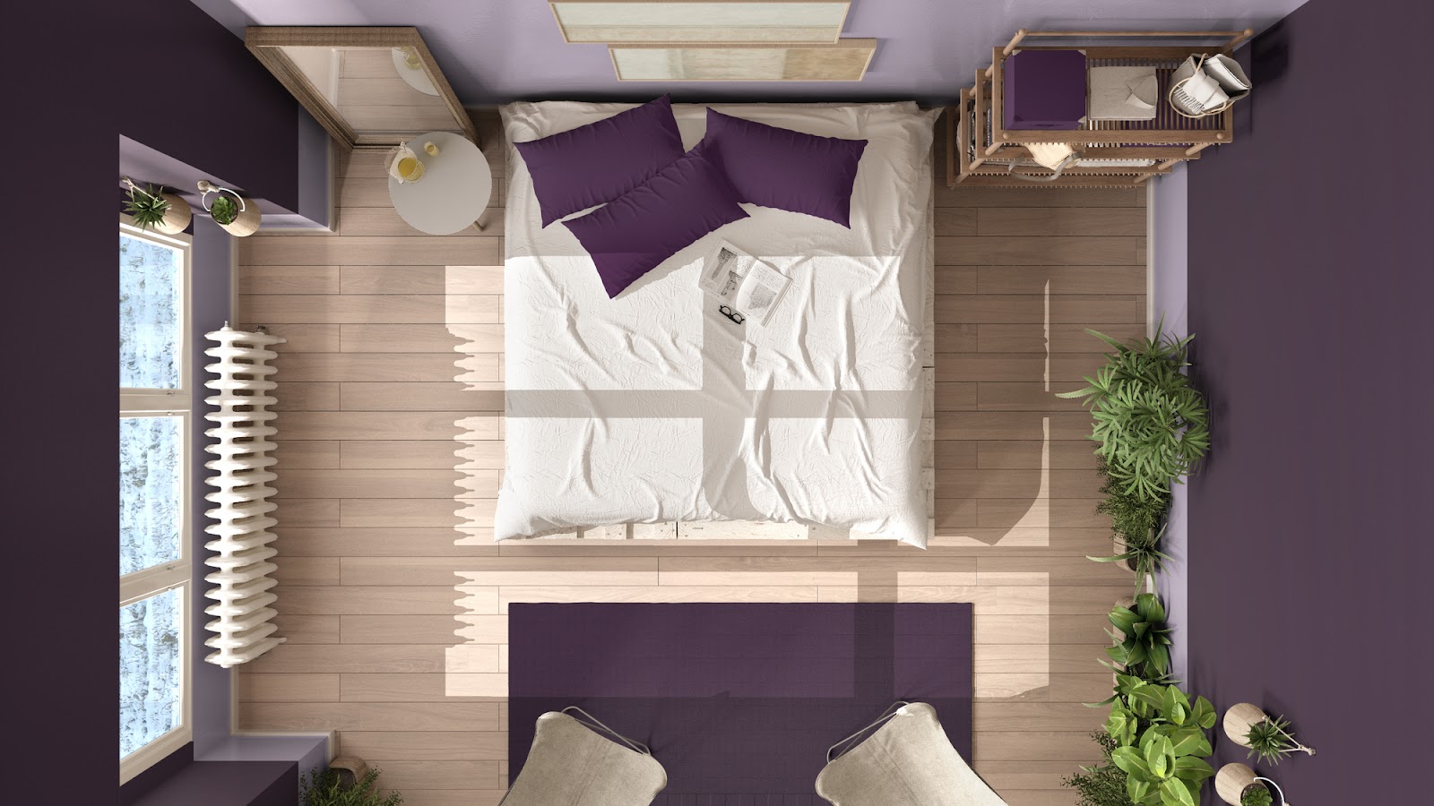 Overhead view of an eco-friendly bedroom featuring natural light, plants, and recycled or low-waste furnishing.