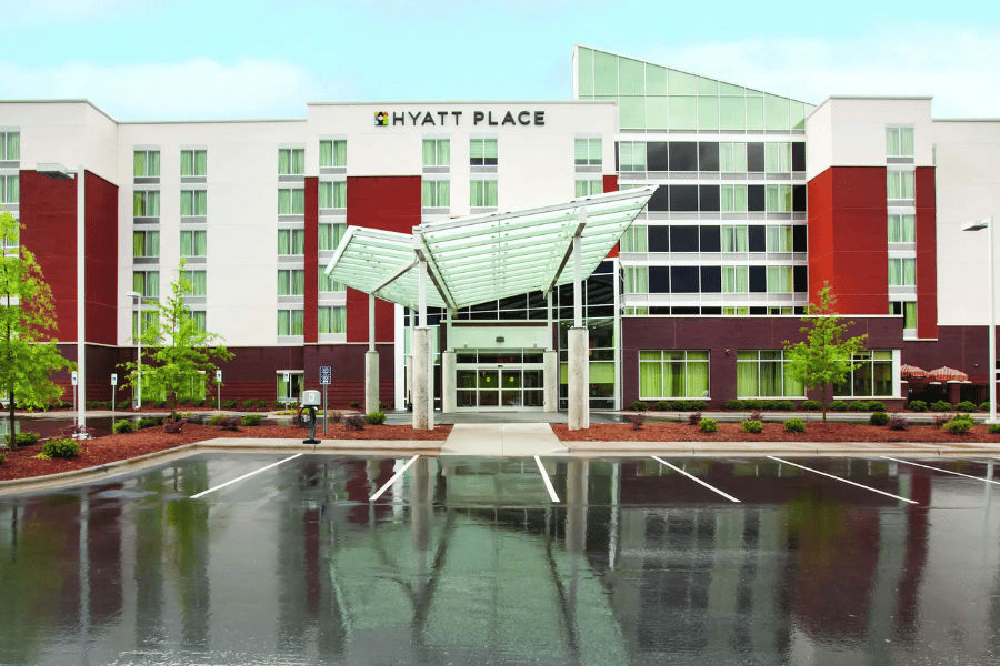 entrance of hyatt place during rainy day
