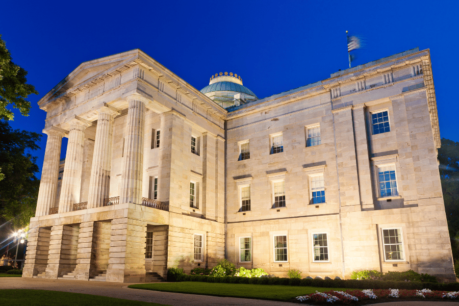 NC State Capitol Building in Raleigh lit up at night