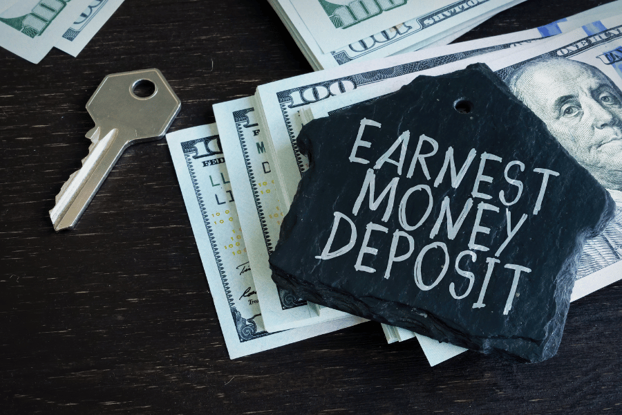 Earnest Money Deposit sign with money and key 