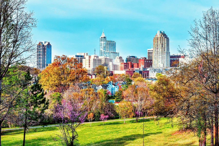 Downtown Raleigh in the fall with colorful trees