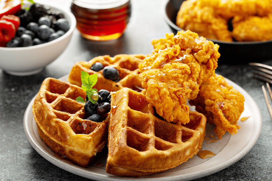 Southern style chicken and waffles at restaurant