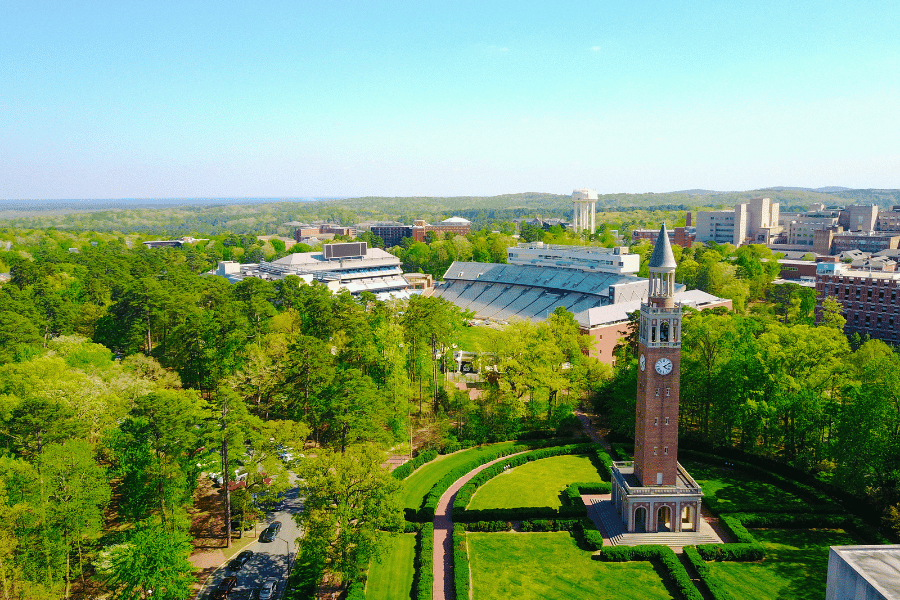 Aerial shot of UNC Campus on a bright and sunny day with lush greenery