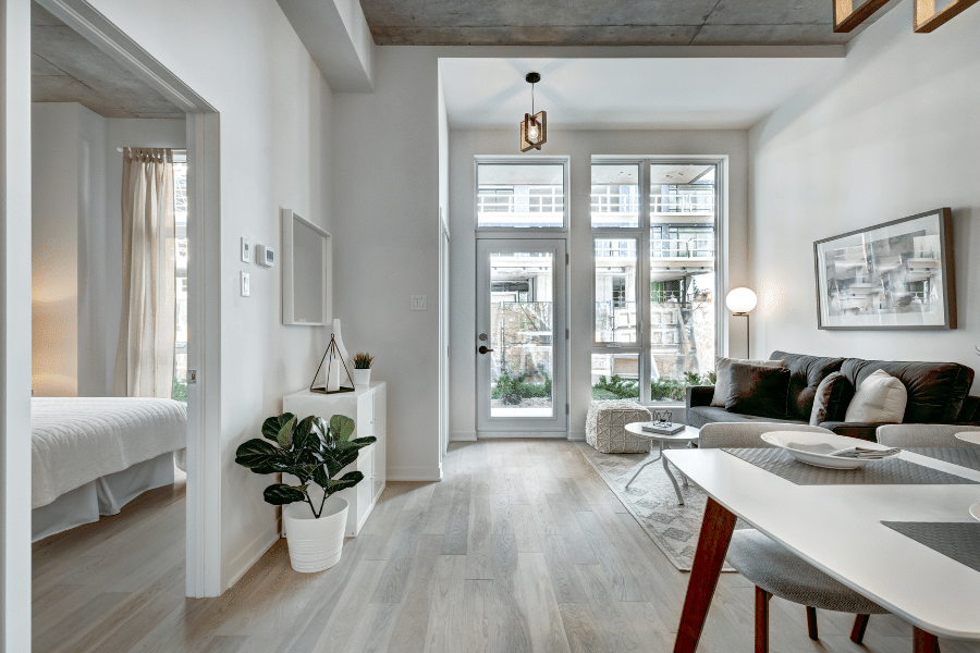 Interior of an apartment with white walls and decor