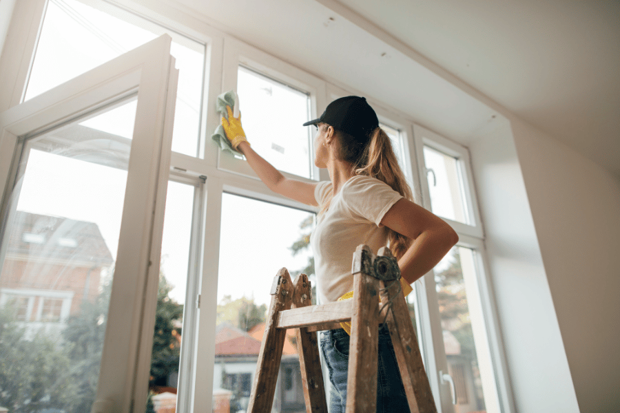 woman deep cleaning home and cleaning windows on a ladder