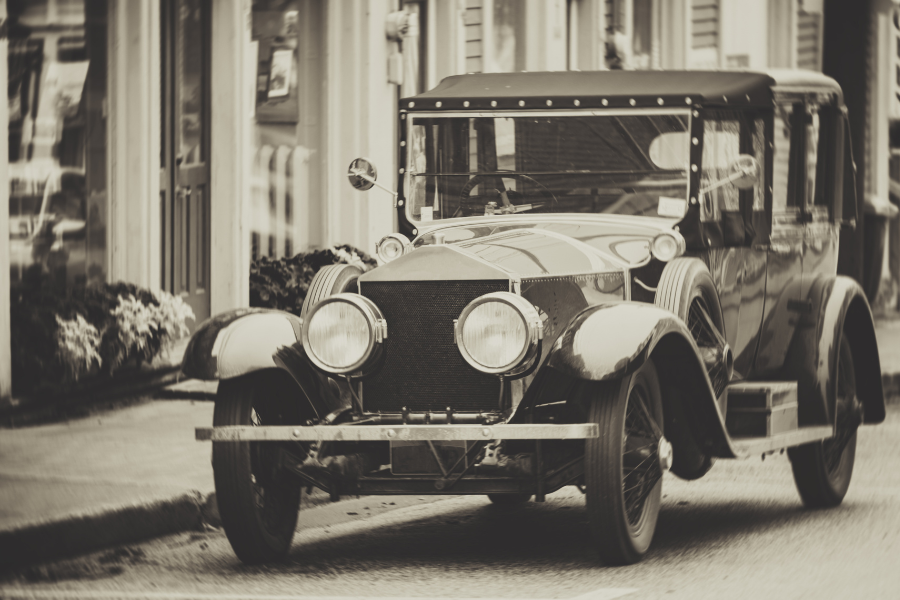Black and white photo of antique car
