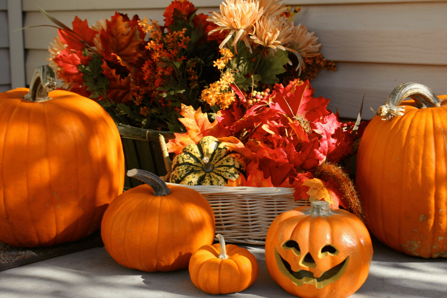 orange pumpkins and fall flowers decorating a front porch