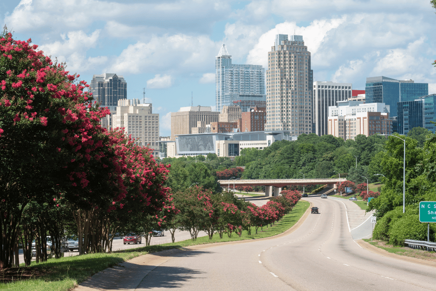 Driving into downtown Raleigh with view of buildings