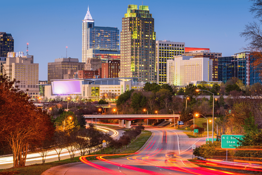 Raleigh, NC Downtown lit up when driving into the city