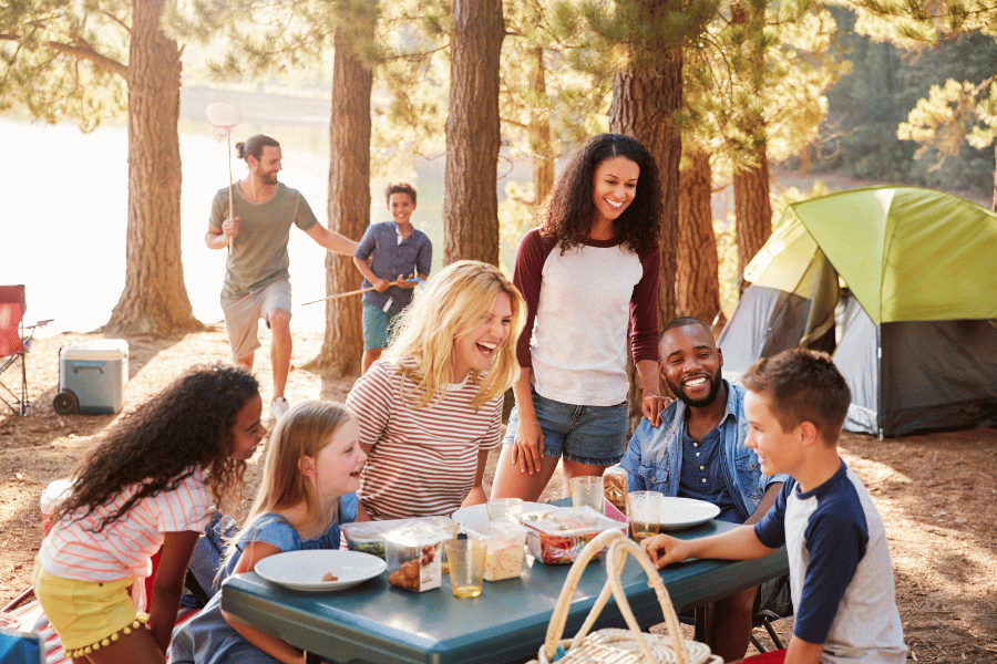 Camping with Friends, eating, food, picnic tables, family