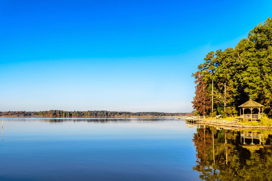 lake crabtree in Morrisville, NC on a clear blue day