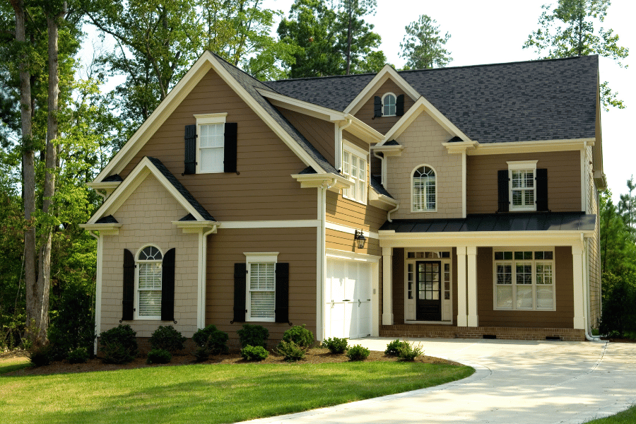 Beautiful home with black front door and well-maintained landscaping