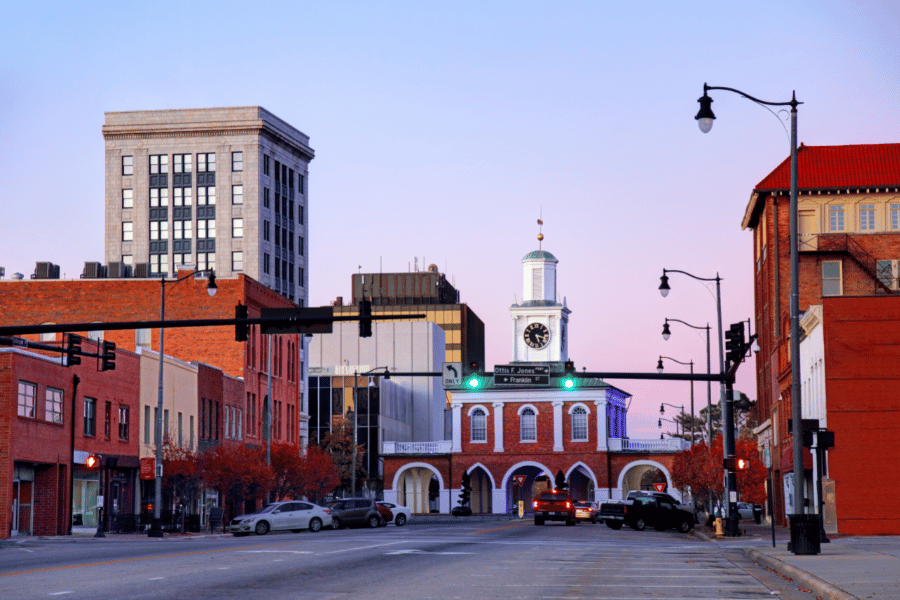 Historic Downtown Fayetteville, NC during pink sunset 