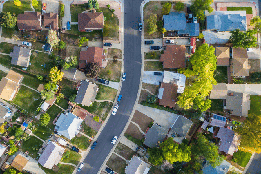 Birdseye view of neighborhood of homes