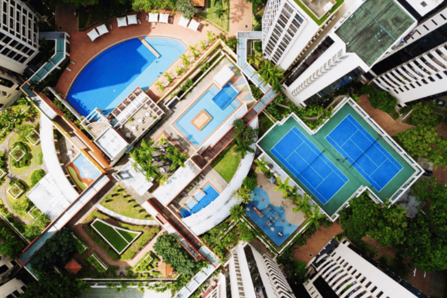Aerial View of Condo with pools and tennis courts