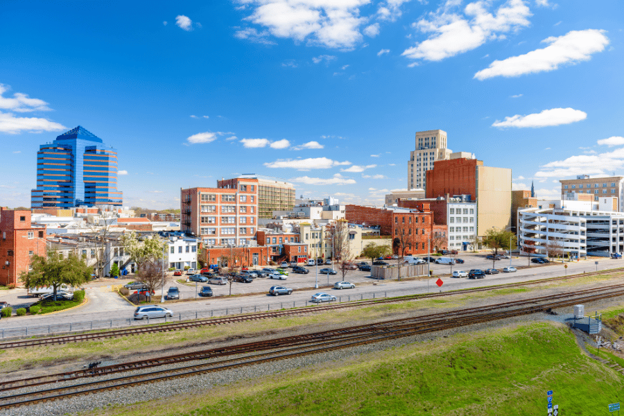 City of Durham traintracks, cars, and buildings 