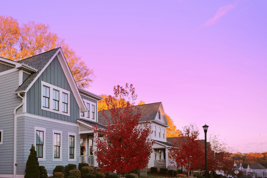 beautiful pink sunset on a quiet neighborhood street in Raleigh