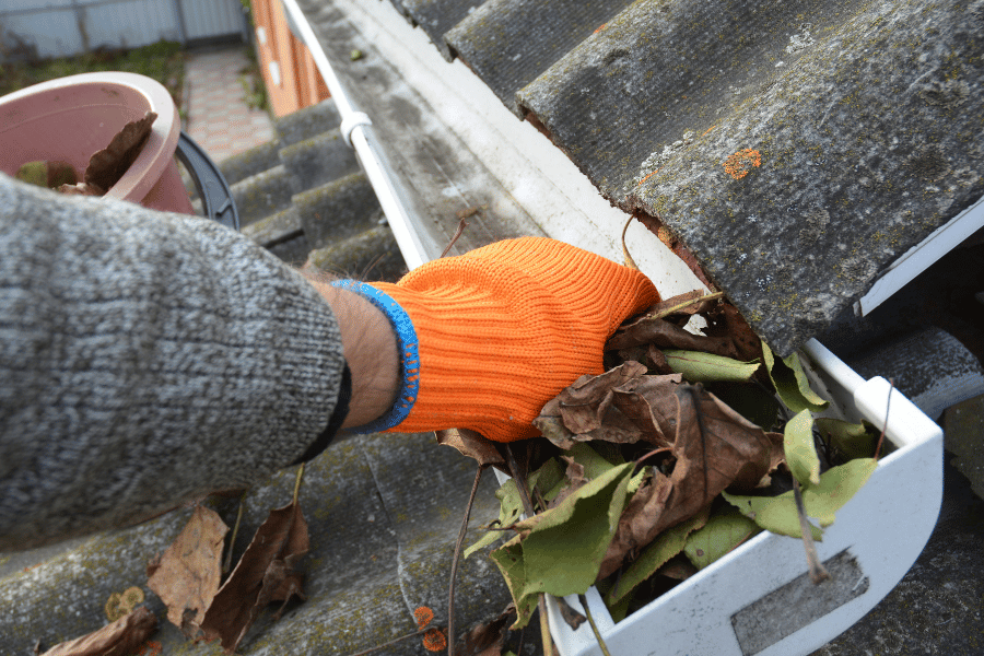 Cleaning gutter from any debris or leaves