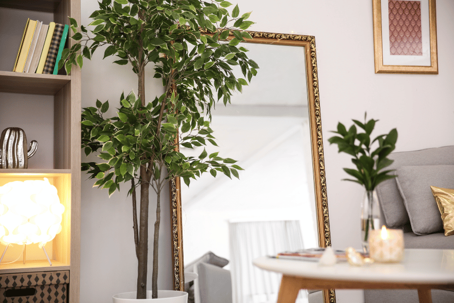 giant mirror in living room with gold detailing 