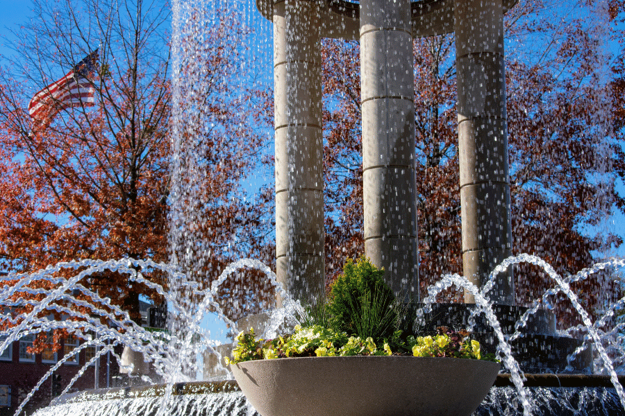 Downtown Cary Park fountain on a sunny day with plants and American flag in the background