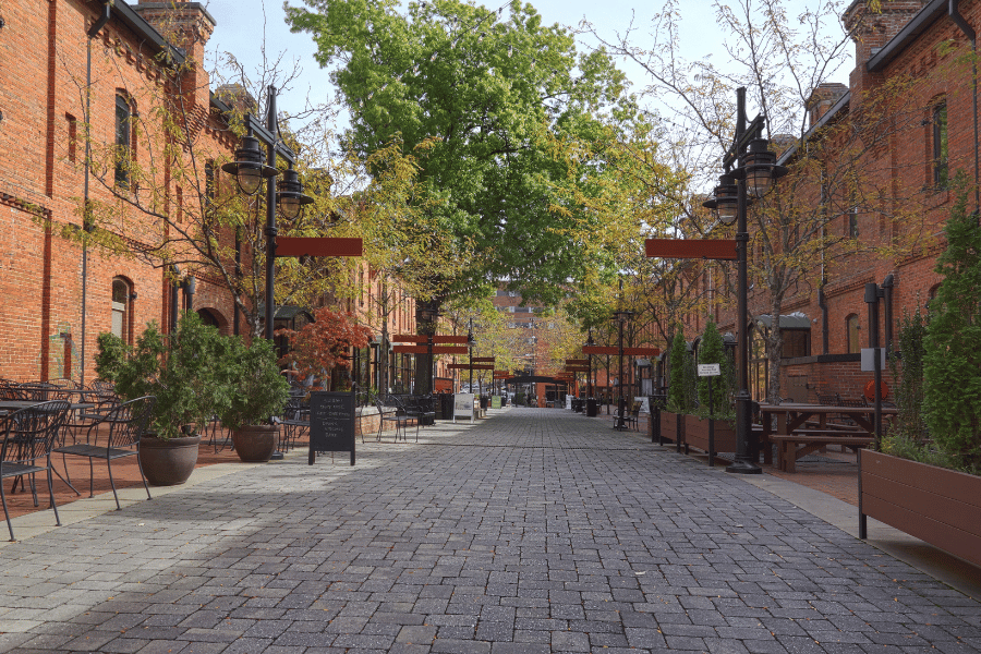 A city street in Durham Nc as the sun is setting