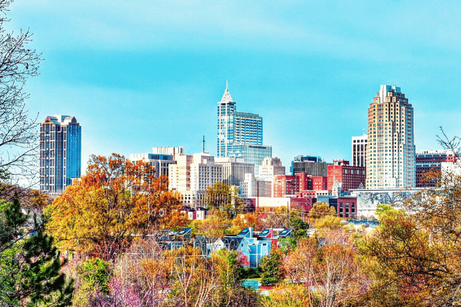 Downtown Raleigh view with changing leaves in the fall