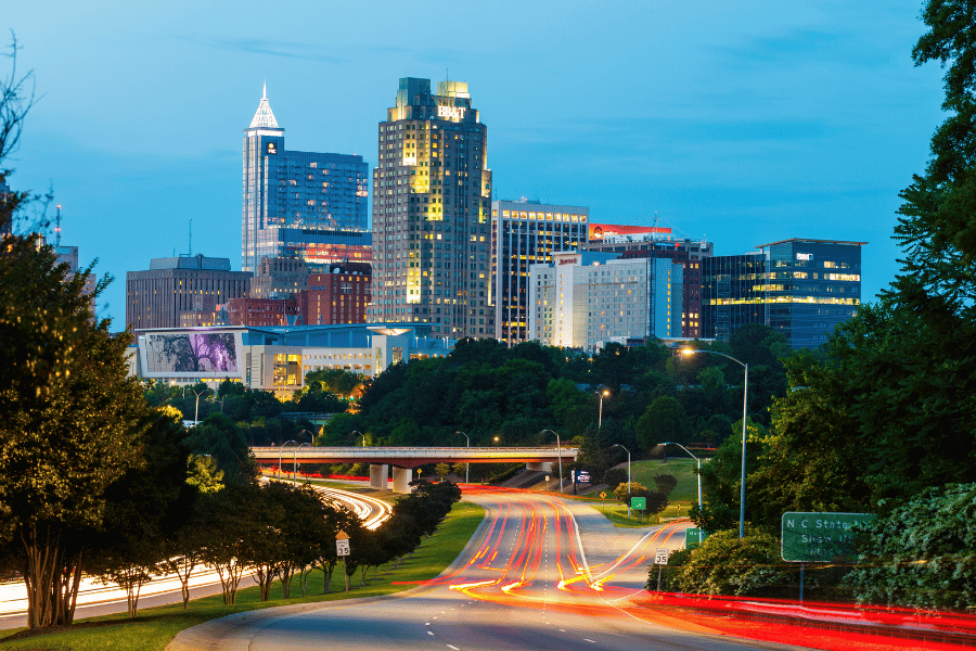 Beautiful Raleigh, NC skyline at dusk 