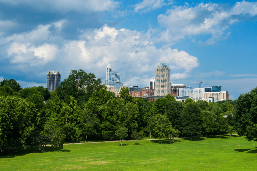 Sunny weather in Raleigh with downtown in background