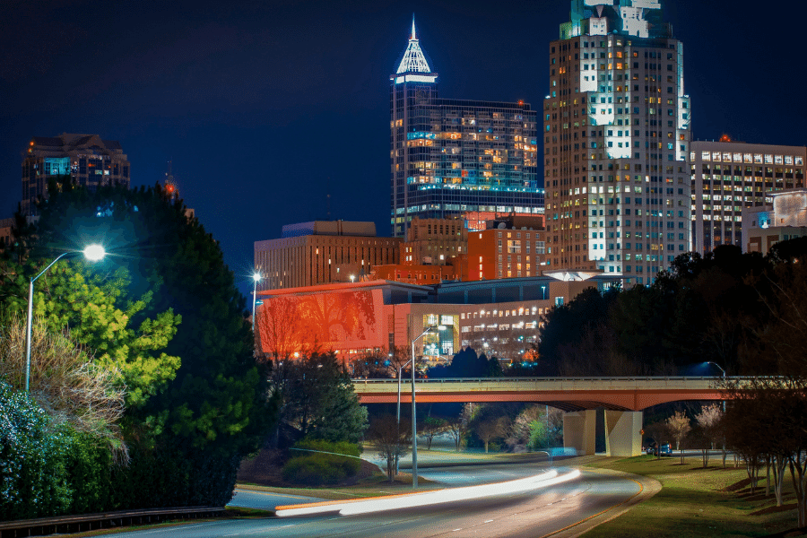 Downtown Raleigh, NC at night street view