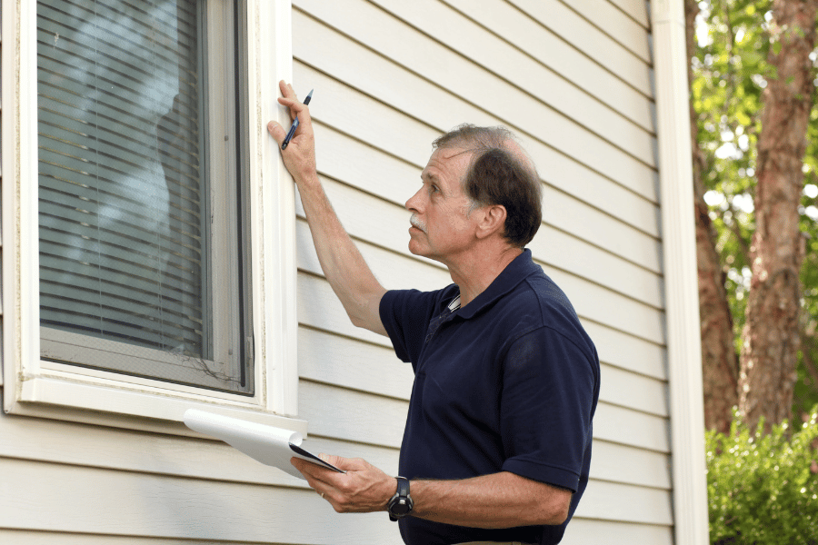 home inspection looking at windows and siding 