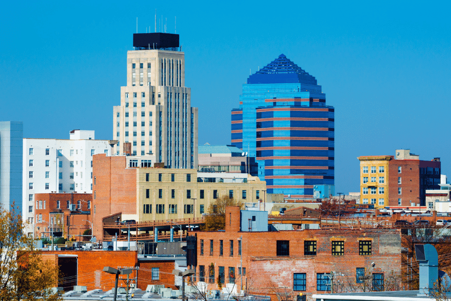 Durham, NC skyline during the day with buildings 