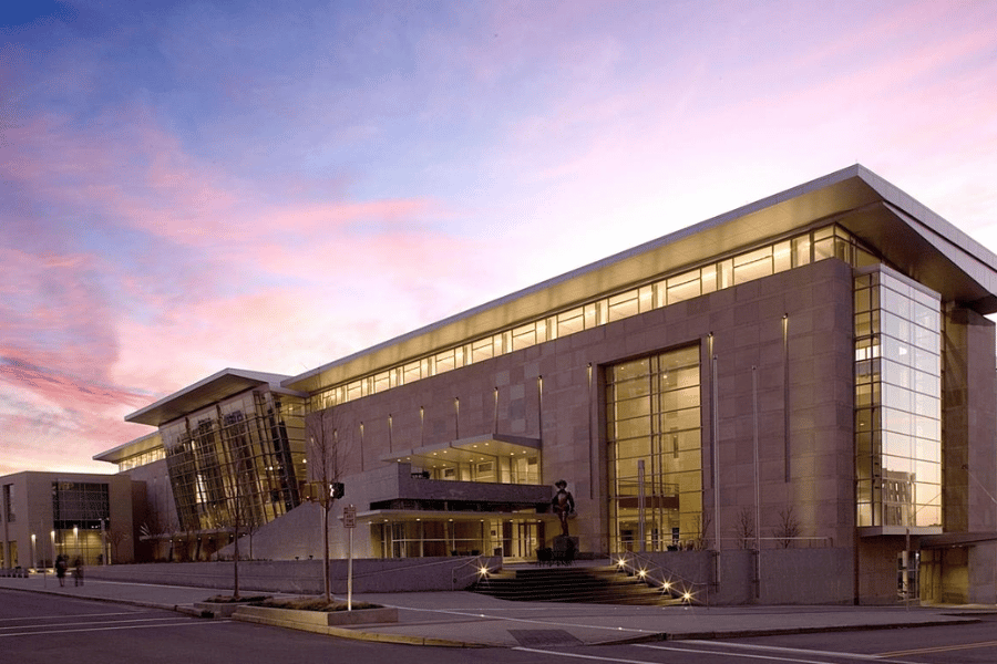 Raleigh convention center during pink sunset 