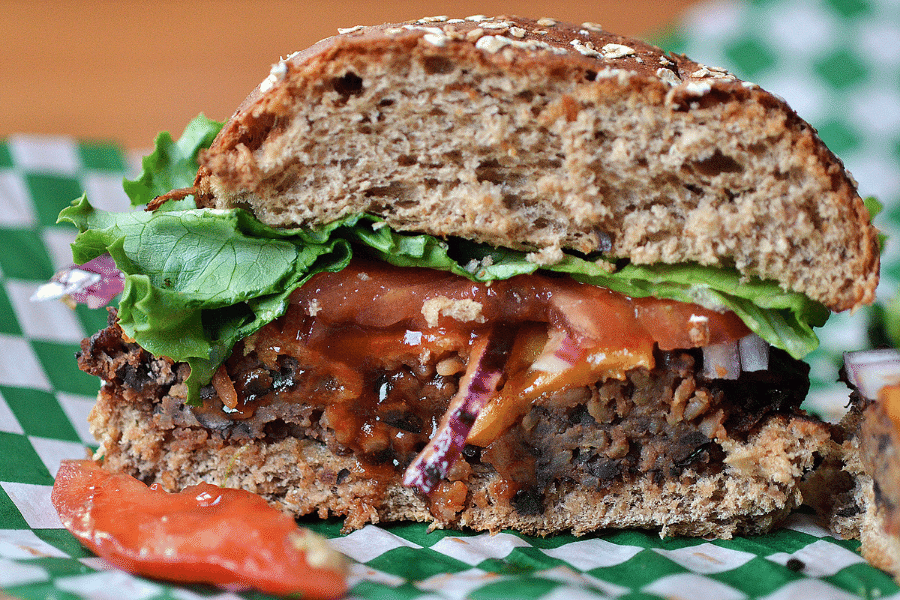 black bean burger with lettuce and tomato