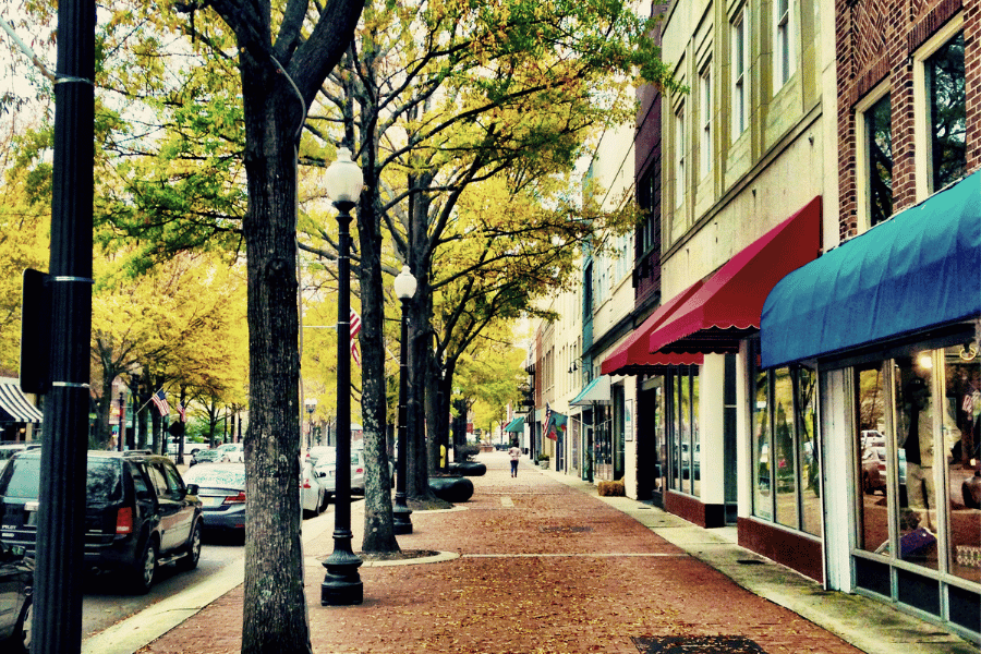 Streets of Fayetteville NC with fall leaves on the ground and buildings along street