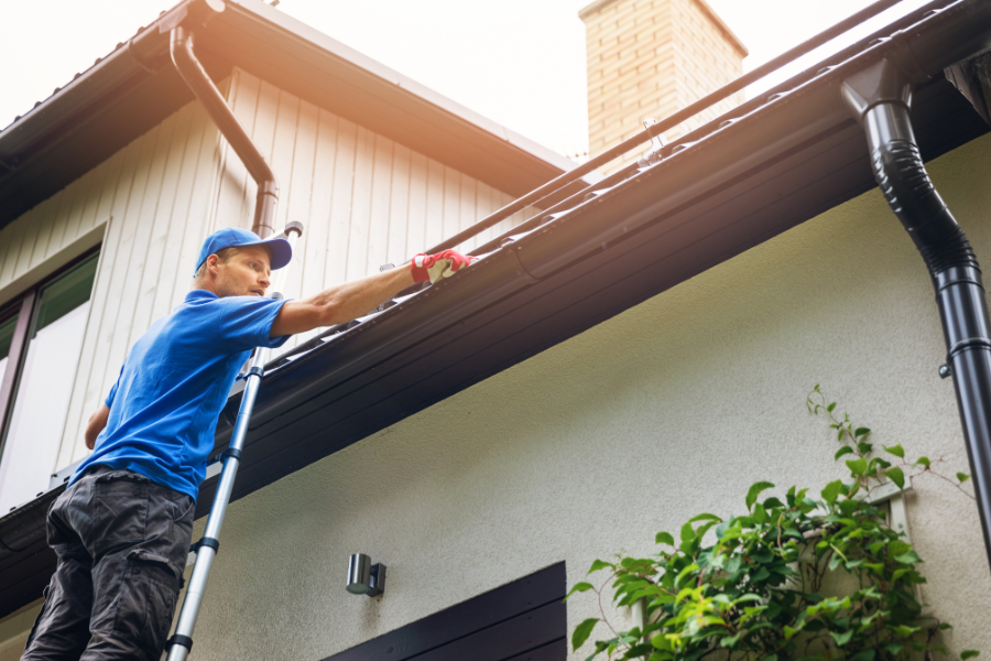Photo of Man on Ladder In Blue Shirt Cleaning Leaves out of Gutter of House
