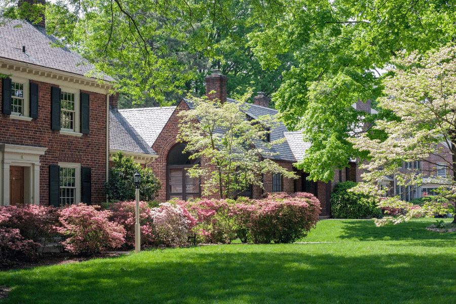 Homes in Cary Neighborhood with green lawns and trees