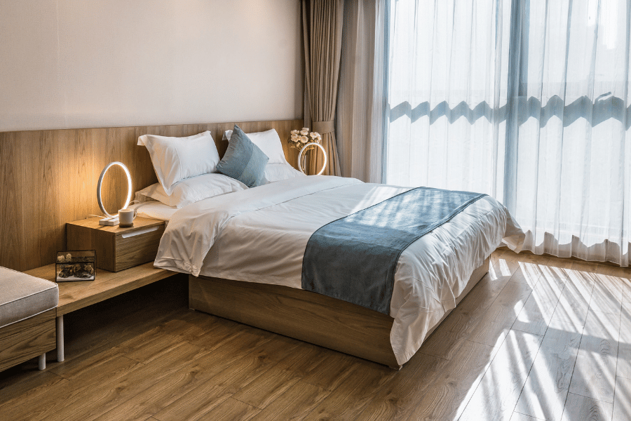 clean and modern bedroom with lots of natural light 