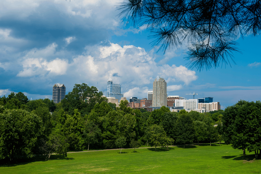 Raleigh NC skyline from Dorothea Dix Park in the city with lush greenery on a sunny day