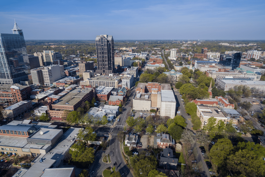 aerial view of Downtown Raleigh, NC on a sunny day