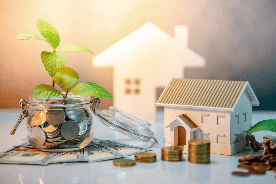 money and plant in a jar next to wood house 