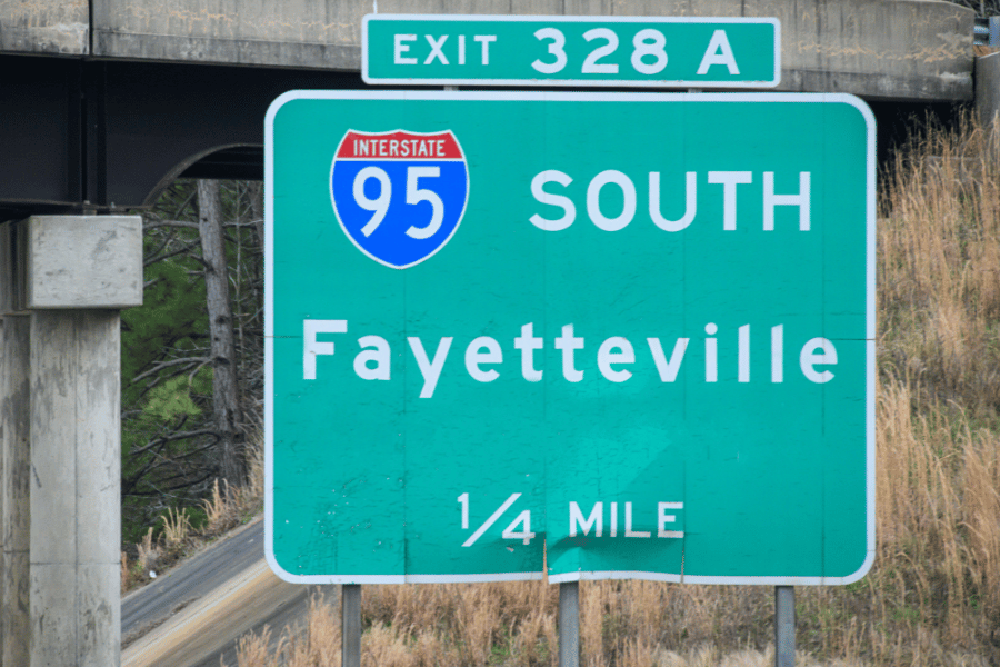 Fayetteville exit sign on the highway
