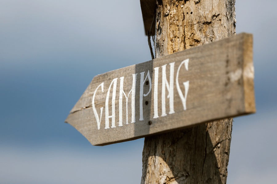 camping sign, woods, tree