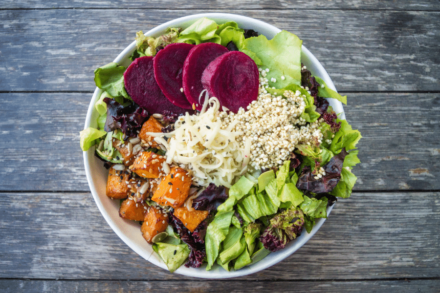 vegan salad with sweet potato and beets