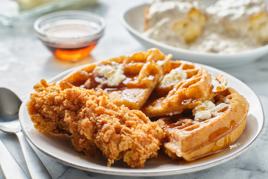 chicken and waffles on a plate 