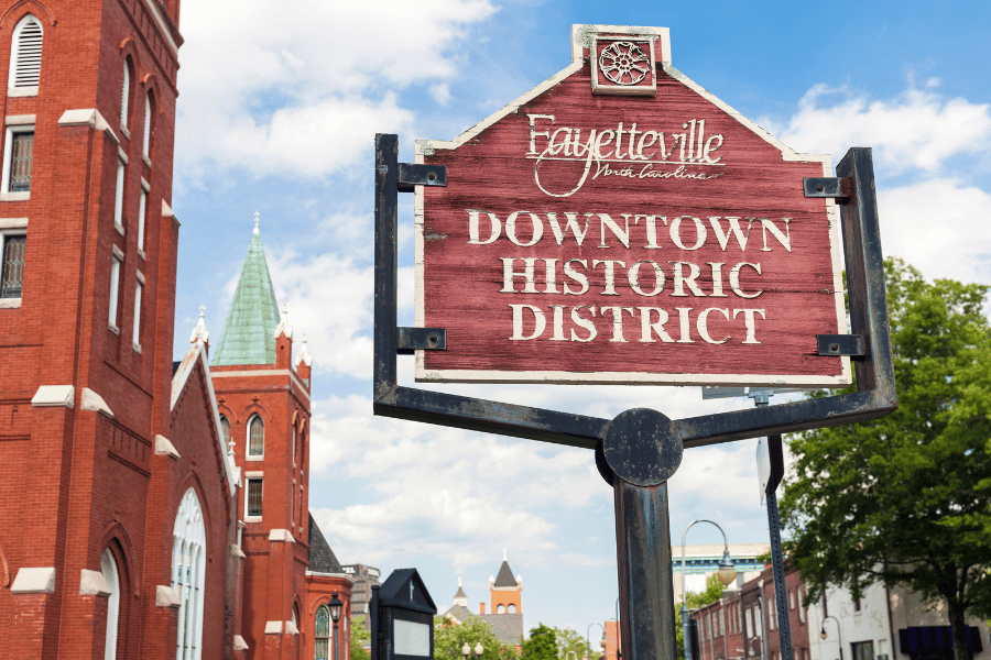 Close up of Downtown Fayetteville, NC sign in the historic district 