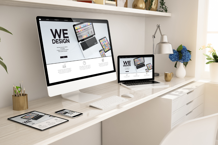 computer, phone, and tablet on white desk with flowers